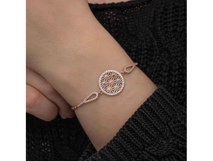 ​Gümüş Rose Renkli Yaşam Çiçeği Kadın Bileklik