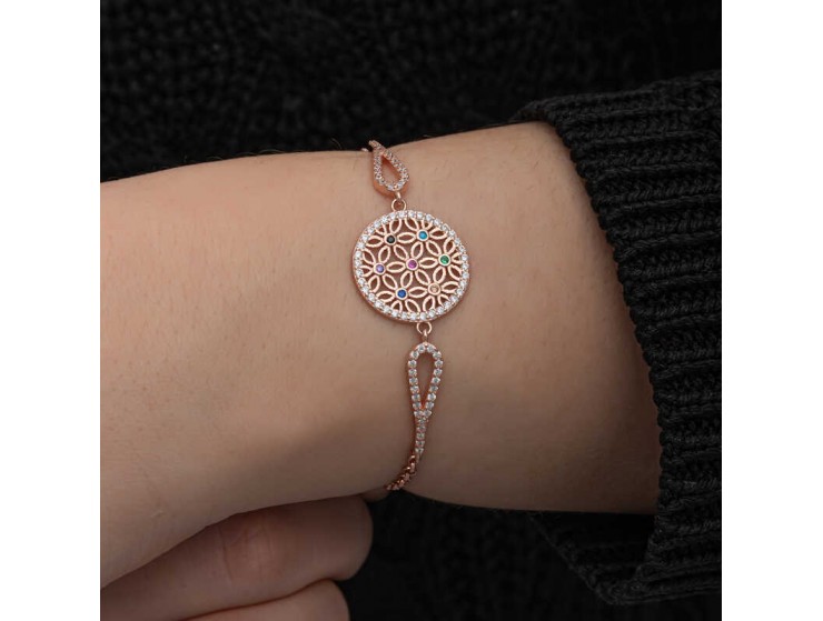 ​Gümüş Rose Renkli Yaşam Çiçeği Kadın Bileklik