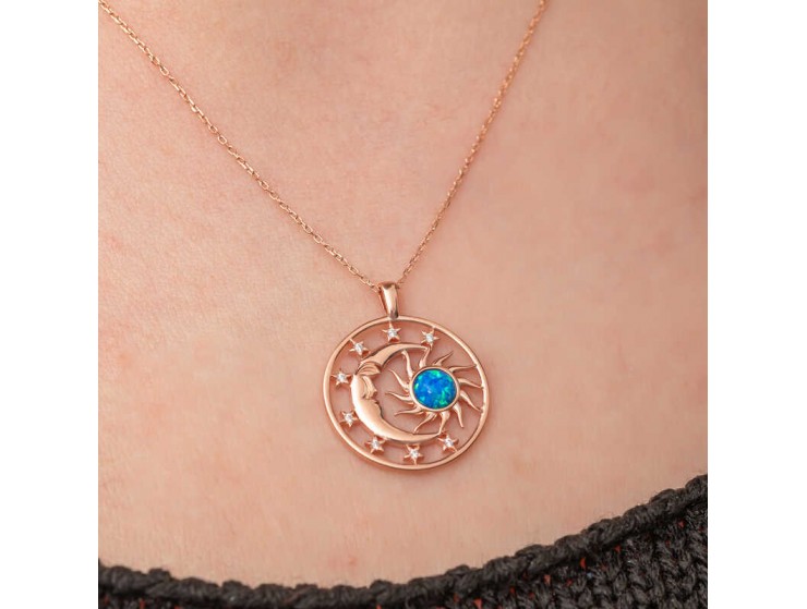 Gümüş Rose Opal Mavi Taşlı Ay Güneş Kadın Kolye