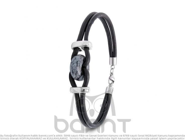 Rudi Siyah Jasper Doğal Taşlı Deri Ve Çelik Bileklik