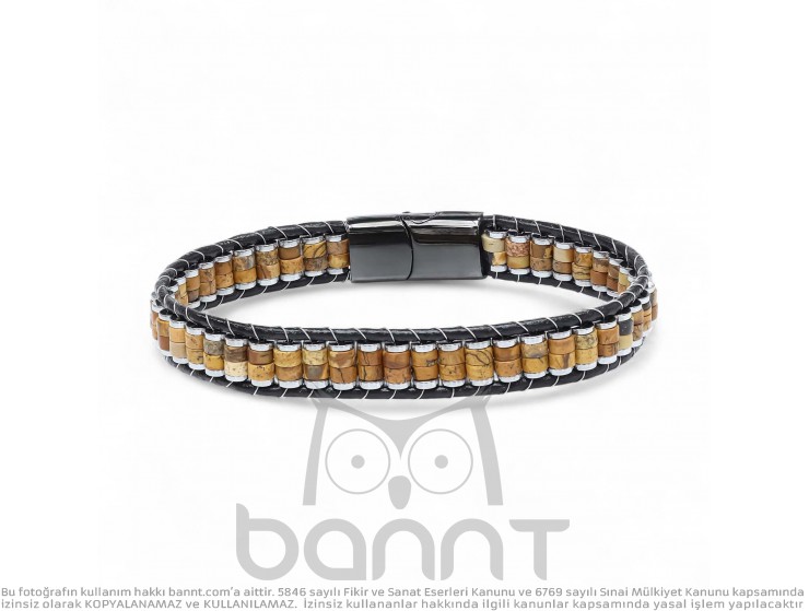 Odun Jasper & Hematit Çelik Örgülü Deri Bileklik Odun Jasper & Hematit Çelik Örgülü Deri Bileklik