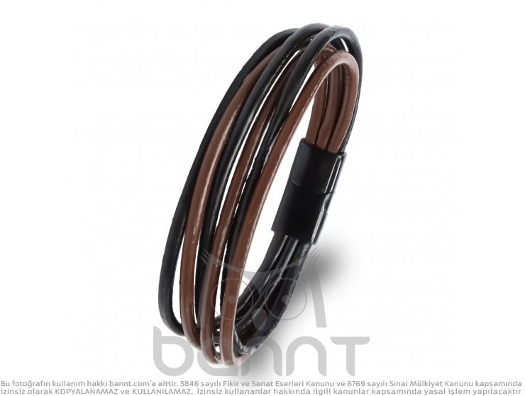 Rudi Kahve Siyah Çoklu Deri Ve Titianyum Kilitli Çelik Bileklik Rudi Kahve Siyah Çoklu Deri Ve Titianyum Kilitli Çelik Bileklik