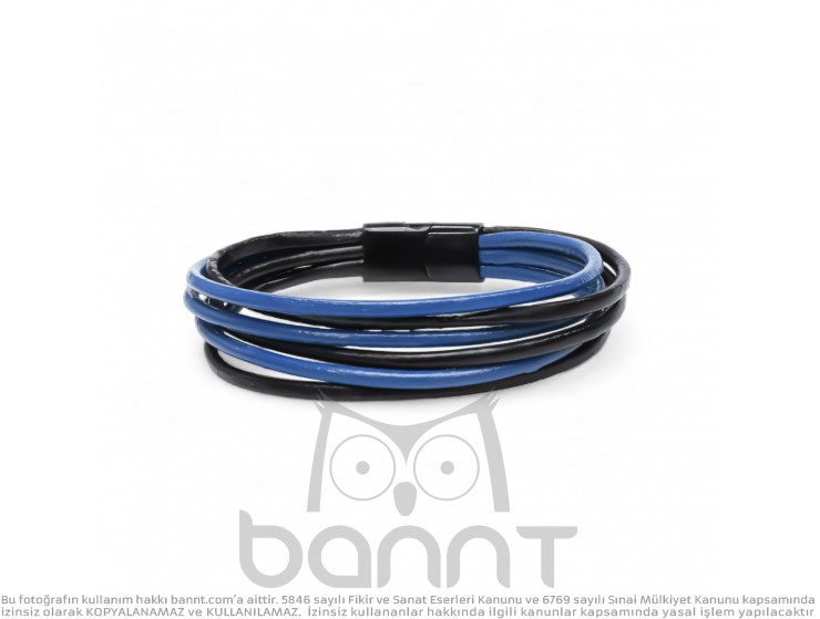 Rudi Lacivert Siyah Çoklu Deri Ve Titianyum Kilitli Çelik Bileklik