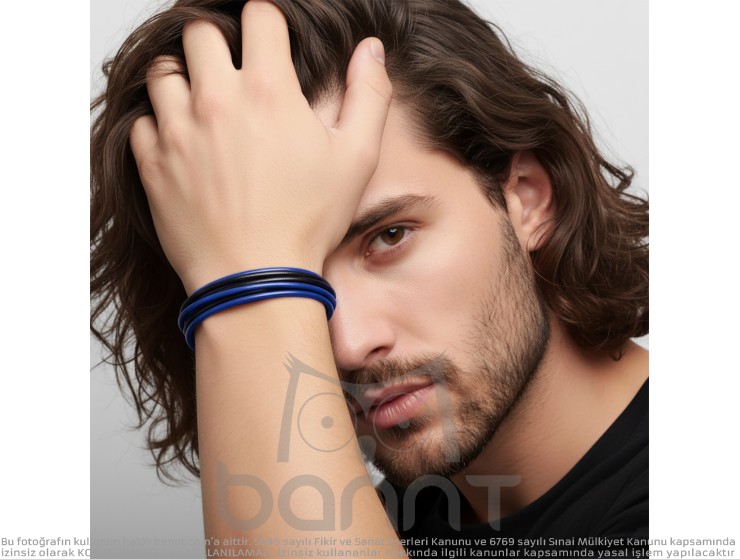 Rudi Lacivert Siyah Çoklu Deri Ve Titianyum Kilitli Çelik Bileklik