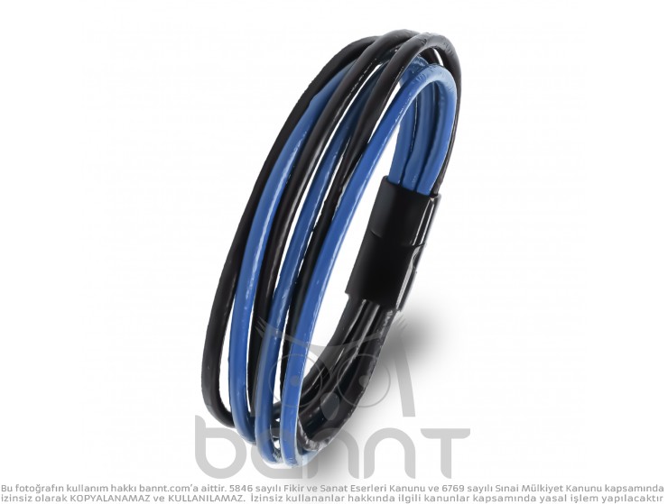 Rudi Lacivert Siyah Çoklu Deri Ve Titianyum Kilitli Çelik Bileklik