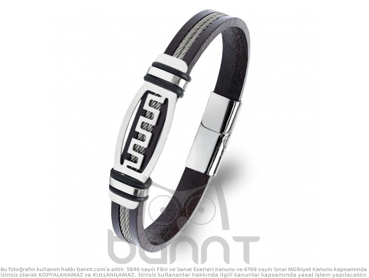 Rudi Deri Kordonlu Çelik Halatlı Erkek Bileklik Rudi Deri Kordonlu Çelik Halatlı Erkek Bileklik