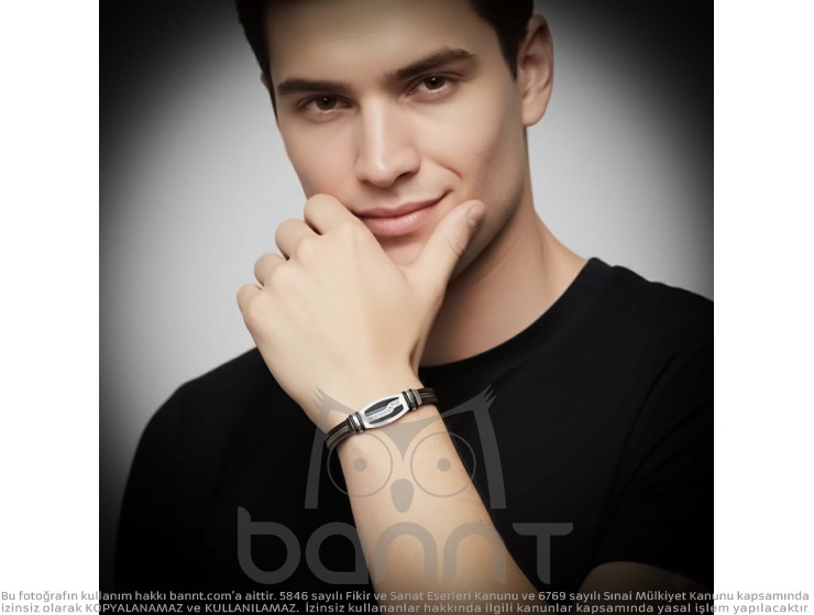 Rudi Deri Kordonlu Çelik Halatlı Erkek Bileklik Rudi Deri Kordonlu Çelik Halatlı Erkek Bileklik