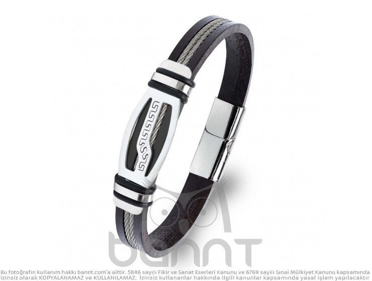 Rudi Deri Kordonlu Çelik Halatlı Erkek Bileklik Rudi Deri Kordonlu Çelik Halatlı Erkek Bileklik