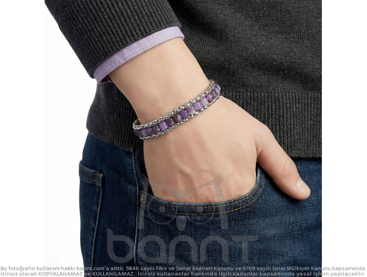 Rudi Ametist Doğal Taşlı Hasır Örgü Zincirli Erkek Çelik Bileklik Rudi Ametist Doğal Taşlı Hasır Örgü Zincirli Erkek Çelik Bileklik
