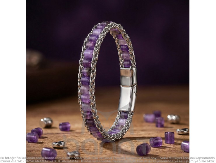 Rudi Ametist Doğal Taşlı Hasır Örgü Zincirli Erkek Çelik Bileklik Rudi Ametist Doğal Taşlı Hasır Örgü Zincirli Erkek Çelik Bileklik