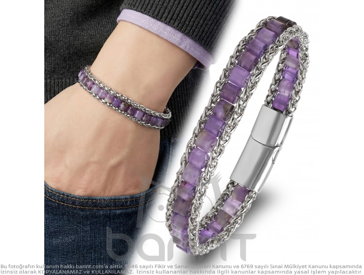 Rudi Ametist Doğal Taşlı Hasır Örgü Zincirli Erkek Çelik Bileklik Rudi Ametist Doğal Taşlı Hasır Örgü Zincirli Erkek Çelik Bileklik