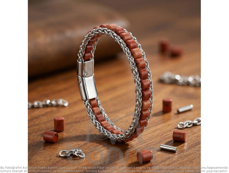 Rudi Kırmızı Jasper Doğal Taşlı Hasır Örgü Zincirli Erkek Çelik Bileklik Rudi Kırmızı Jasper Doğal Taşlı Hasır Örgü Zincirli Erkek Çelik Bileklik