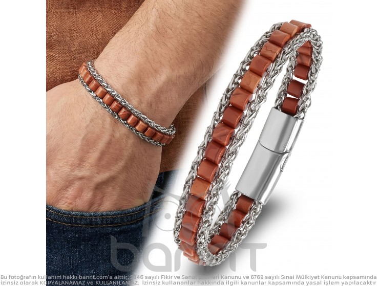 Rudi Kırmızı Jasper Doğal Taşlı Hasır Örgü Zincirli Erkek Çelik Bileklik Rudi Kırmızı Jasper Doğal Taşlı Hasır Örgü Zincirli Erkek Çelik Bileklik