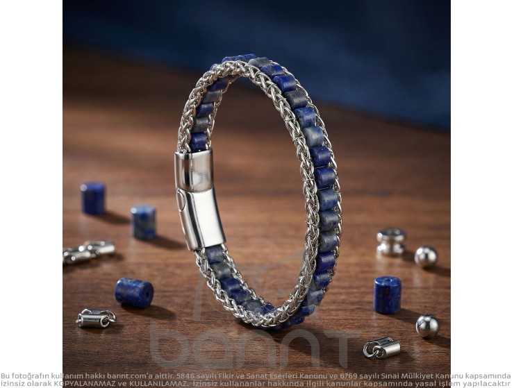 Rudi Lapis Doğal Taşlı Hasır Örgü Zincirli Erkek Çelik Bileklik