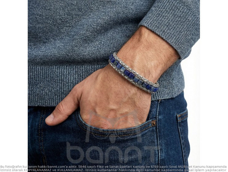 Rudi Lapis Doğal Taşlı Hasır Örgü Zincirli Erkek Çelik Bileklik