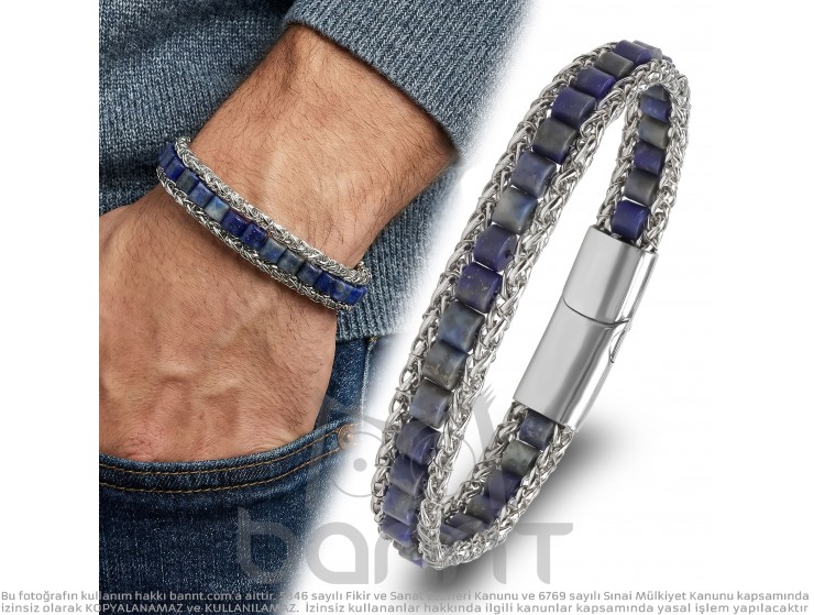 Rudi Lapis Doğal Taşlı Hasır Örgü Zincirli Erkek Çelik Bileklik
