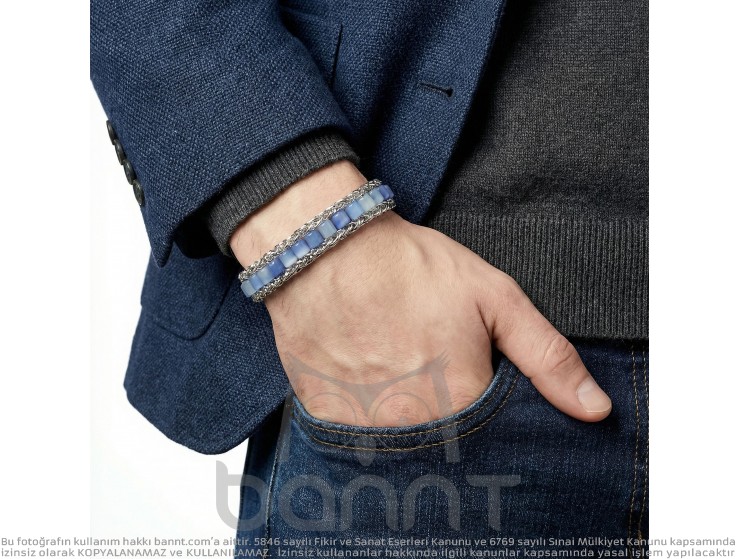 Rudi Mavi Aventurin Doğal Taşlı Hasır Örgü Zincirli Erkek Çelik Bileklik