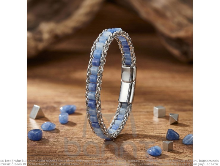 Rudi Mavi Aventurin Doğal Taşlı Hasır Örgü Zincirli Erkek Çelik Bileklik
