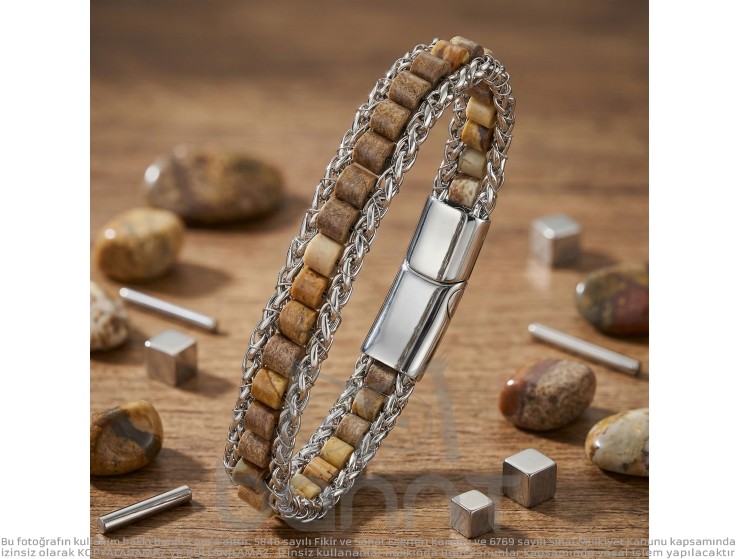 Rudi Odun Jasper Doğal Taşlı Hasır Örgü Zincirli Erkek Çelik Bileklik Rudi Odun Jasper Doğal Taşlı Hasır Örgü Zincirli Erkek Çelik Bileklik