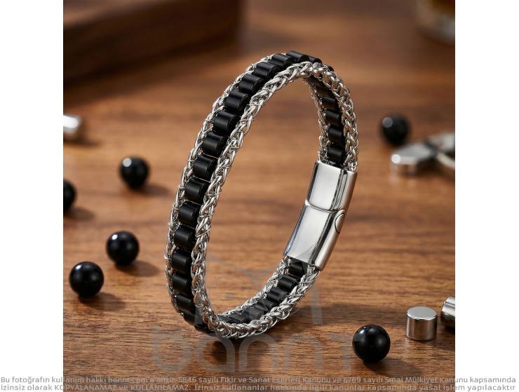 Rudi Oniks Doğal Taşlı Hasır Örgü Zincirli Erkek Çelik Bileklik