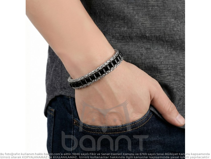 Rudi Oniks Doğal Taşlı Hasır Örgü Zincirli Erkek Çelik Bileklik