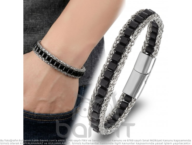 Rudi Oniks Doğal Taşlı Hasır Örgü Zincirli Erkek Çelik Bileklik