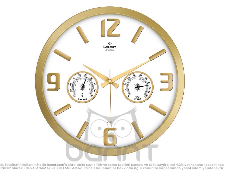 Isı ve Nem Ölçer Premium Duvar Saati (Sarı)