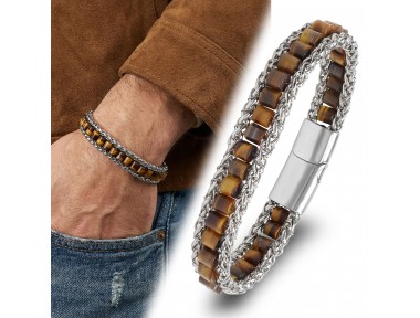 Rudi Kaplan Gözü Doğal Taşlı Hasır Örgü Zincirli Erkek Çelik Bileklik