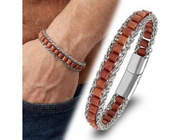 Rudi Kırmızı Jasper Doğal Taşlı Hasır Örgü Zincirli Erkek Çelik Bileklik