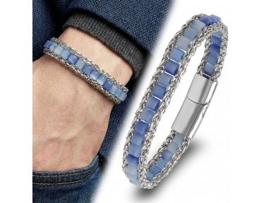 Rudi Mavi Aventurin Doğal Taşlı Hasır Örgü Zincirli Erkek Çelik Bileklik