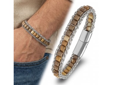 Rudi Odun Jasper Doğal Taşlı Hasır Örgü Zincirli Erkek Çelik Bileklik