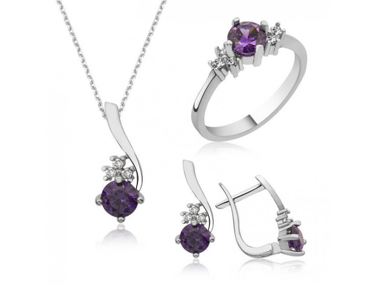Gümüş Mor Taşlı Bayan Set Gümüş Mor Taşlı Bayan Set