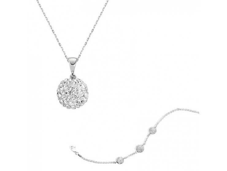 Gümüş Beyaz Kristal Taşlı Top Bayan Set