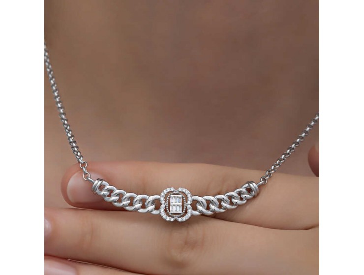 Gümüş Gurmet Zincirli Baget Taşlı Kadın Kolye