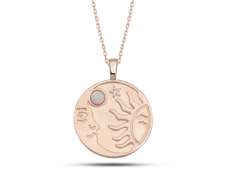 Gümüş Rose Opal Beyaz Taşlı Ay Güneş Kadın Kolye