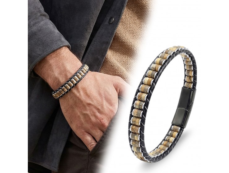 Odun Jasper & Hematit Çelik Örgülü Deri Bileklik Odun Jasper & Hematit Çelik Örgülü Deri Bileklik