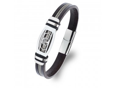 Rudi Hayat Ağacı Deri Kordonlu Çelik Halatlı Erkek Bileklik
